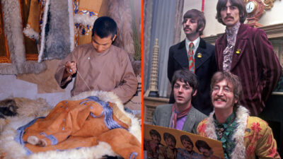 (LEFT) Afghan Coat shop, Herat, 1974 (RIGHT) THE BEATLES at the launch of Sgt. Pepper's Lonely Hearts Club Band recording at the Apple offices in Saville Row in May 1967. From left: Paul McCartney, Ringo Starr, John Lennon, George Harrison.