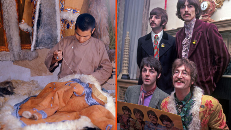 (LEFT) Afghan Coat shop, Herat, 1974 (RIGHT) THE BEATLES at the launch of Sgt. Pepper's Lonely Hearts Club Band recording at the Apple offices in Saville Row in May 1967. From left: Paul McCartney, Ringo Starr, John Lennon, George Harrison.
