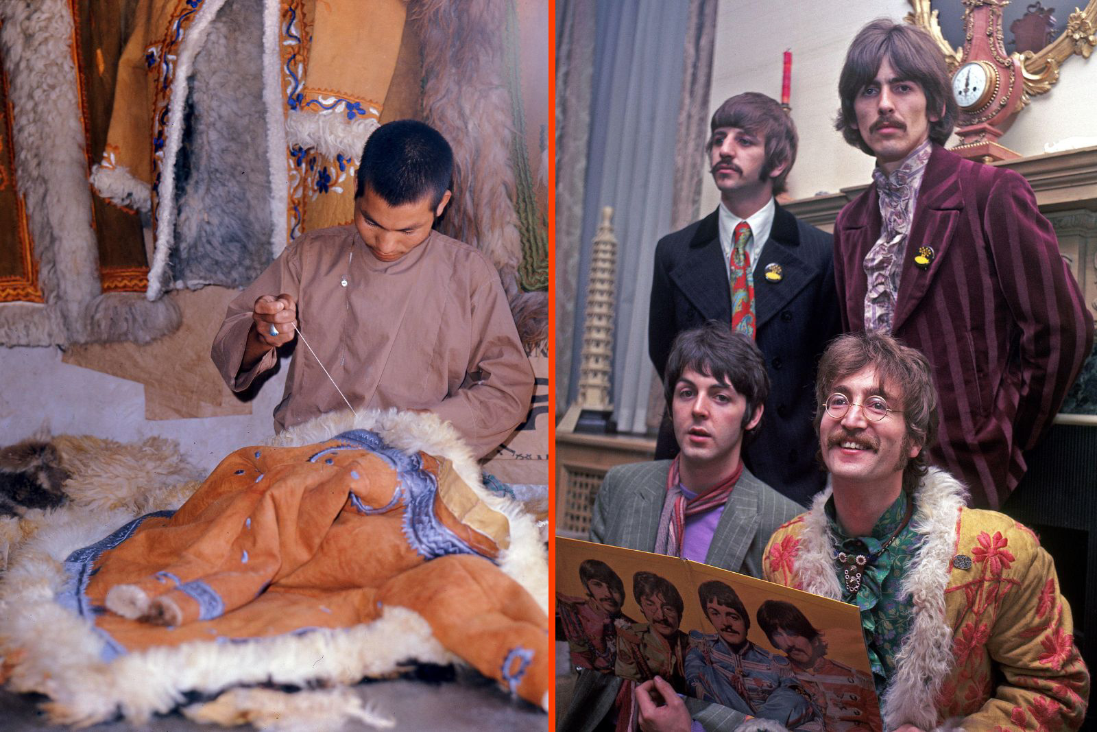 (LEFT) Afghan Coat shop, Herat, 1974 (RIGHT) THE BEATLES at the launch of Sgt. Pepper's Lonely Hearts Club Band recording at the Apple offices in Saville Row in May 1967. From left: Paul McCartney, Ringo Starr, John Lennon, George Harrison. 