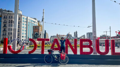 Sahir Permall in Istanbul, at the end of her 3,000-mile cycling trip from Glasgow.
