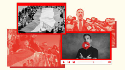 Clockwise from top left: A woman waves a flag of far-right VOX political party at a demonstration in Madrid on October 20, 2024; VOX leader Santiago Abascal; far-right YouTuber David Santos; Franco supporters in 1991.