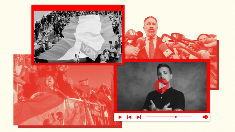 Clockwise from top left: A woman waves a flag of far-right VOX political party at a demonstration in Madrid on October 20, 2024; VOX leader Santiago Abascal; far-right YouTuber David Santos; Franco supporters in 1991.