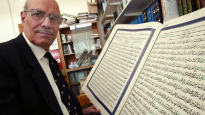 Professor Muhammad Abdel Haleem, director of the Centre of Islamic Studies, is seen in his office at Soas University of London, 6 August 2004. Haleem has published a new translation of the Quran on which he has worked for seven years.