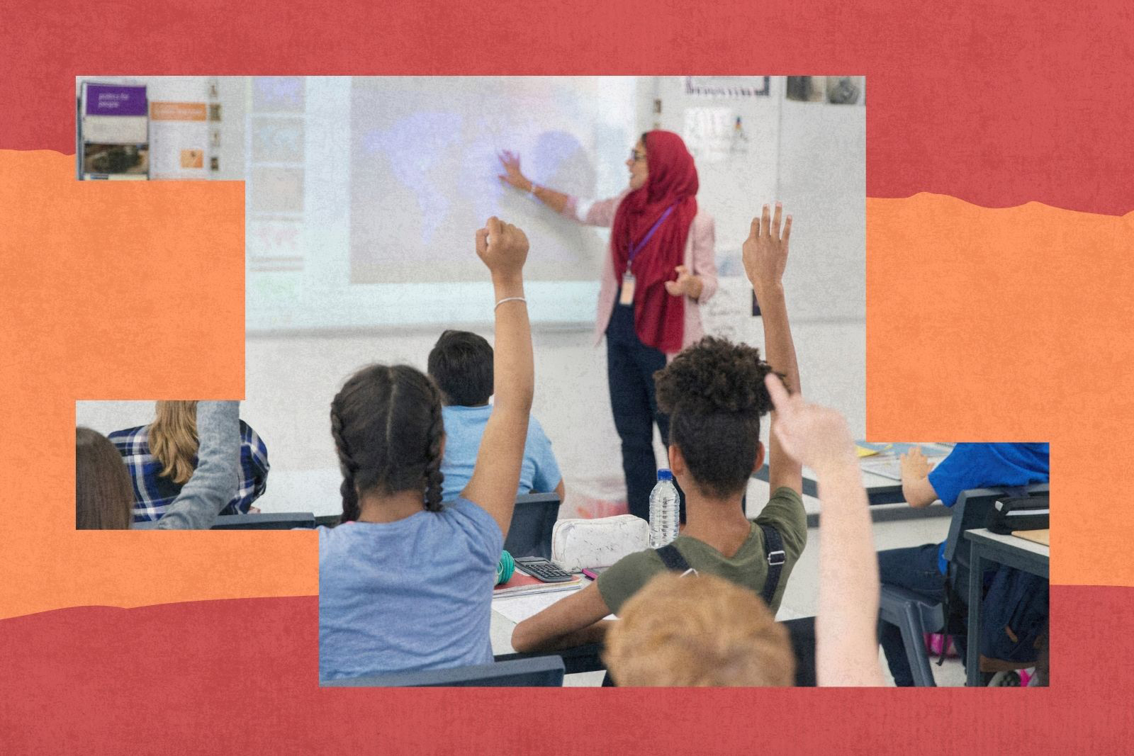 A teacher pointing to a whiteboard in a classroom, in front of pupils holding up their hands 