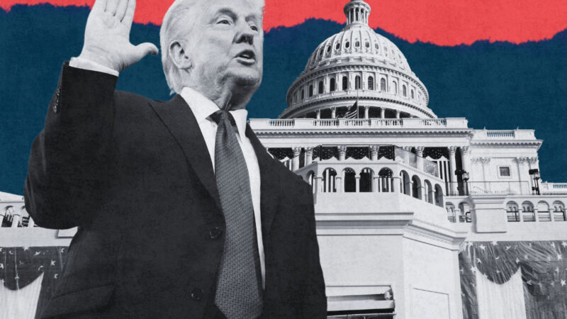 Donald Trump holding up his right hand during his inauguration as US president on 20 January 2025