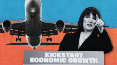 Illustration of Rachel Reeves, an aeroplane and a sign saying 'kickstart economic growth'