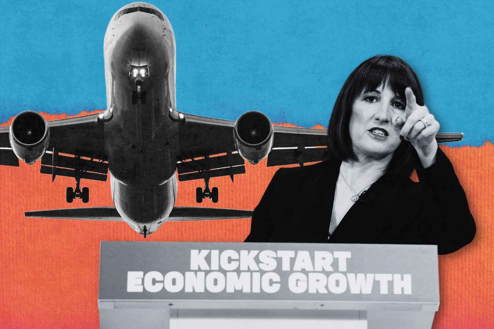 Illustration of Rachel Reeves, an aeroplane and a sign saying 'kickstart economic growth'