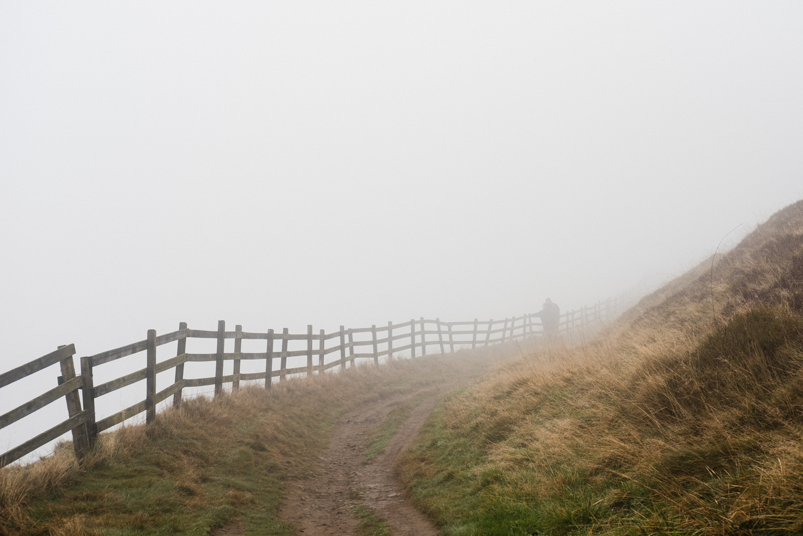 The trail to Mam Tor in thick fog.