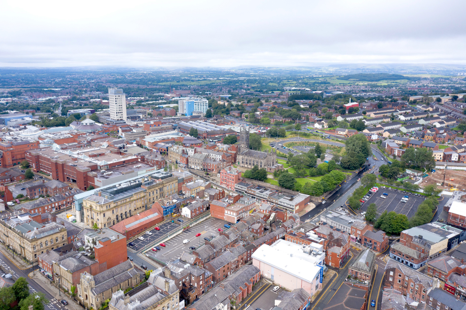 OLDHAM, ENGLAND - AUGUST 1: An aerial view of Oldham on August 1,2020 in Oldham, England.