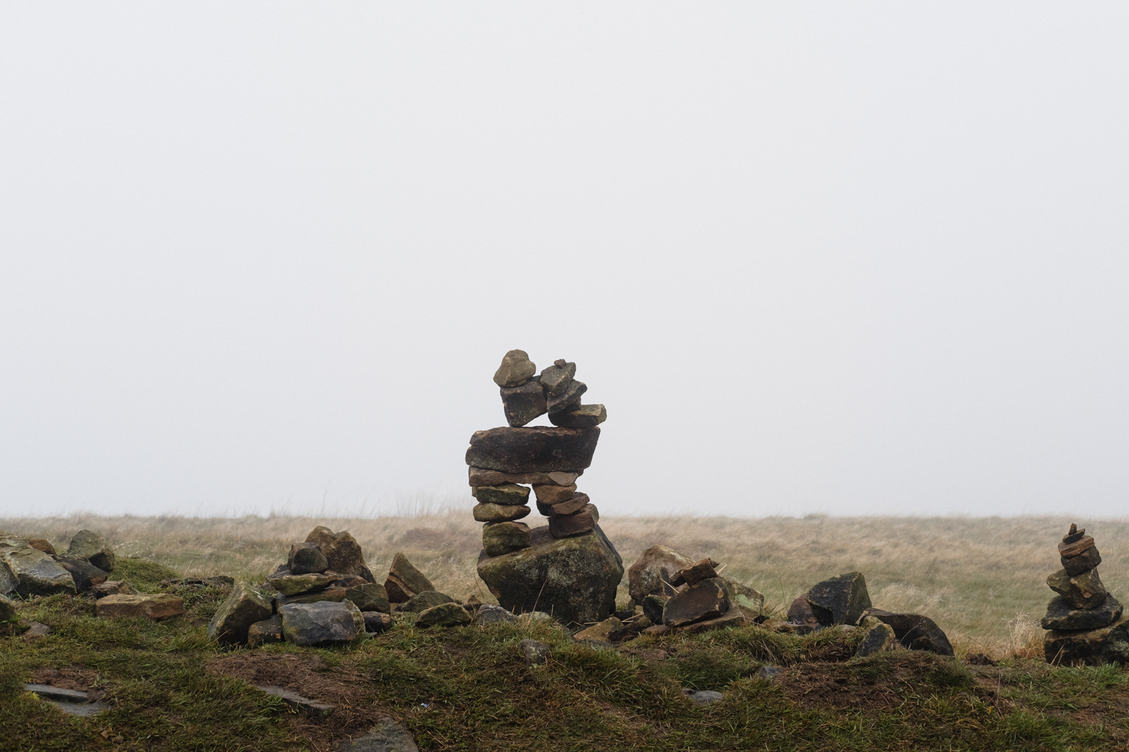 A series of cairns on Mam Tor in the Peak District, Derbyshire.