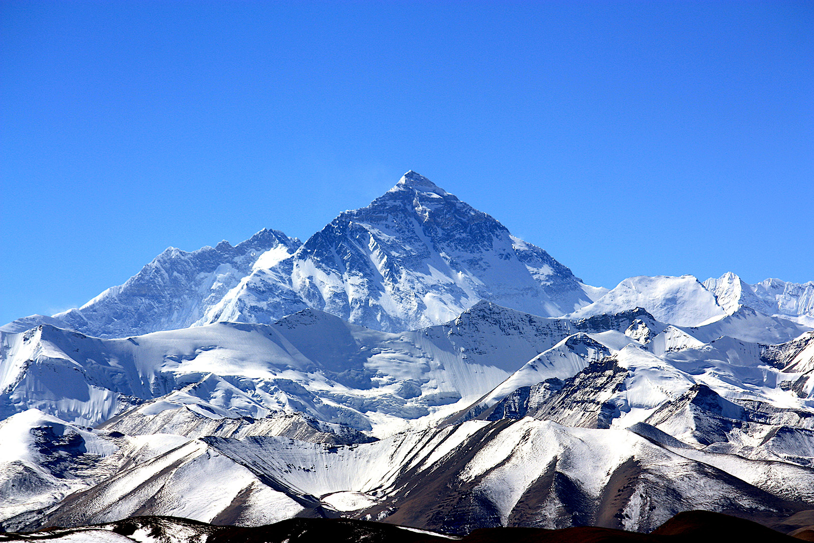 Close-up view of Mount Everest, highest mountain of the world seen from Tibet.