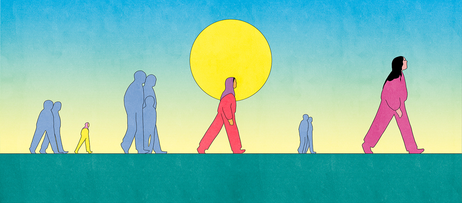 Illustration of Muslim Women walking in peace against an outline of the sun