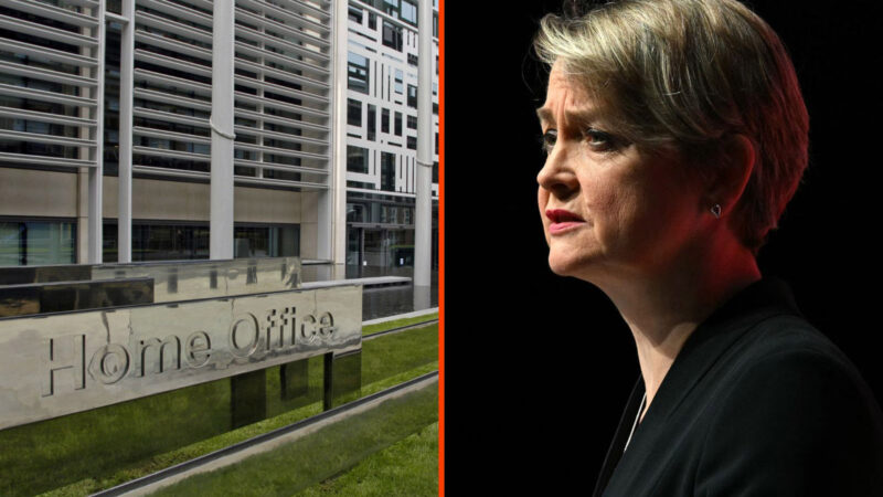 Left half of the image shows the Home Office building with a sign. Right shows Yvette Cooper in profile against a dark background