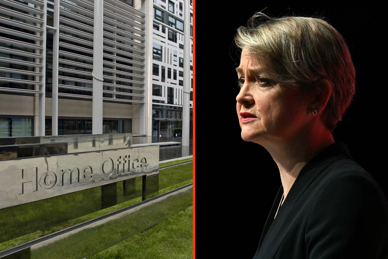 Left half of the image shows the Home Office building with a sign. Right shows Yvette Cooper in profile against a dark background