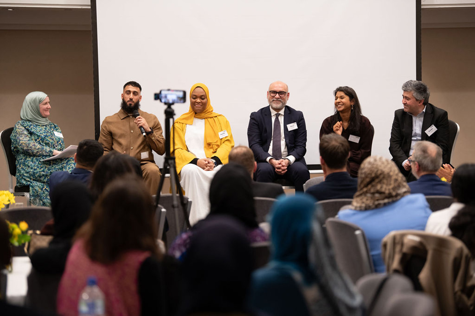 One of the roundtables at the launch event of British Muslim Network including Julie Siddiqui, Jennifer Ogunyemi, Shabna Begum and Sunder Katwala. 25th February 2025 at Hilton London Kensington hotel. 