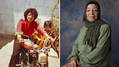 Şanlıurfa, 1977. İclal with her niece Güzide on her uncle’s motorcycle on a summer holiday (left), Portrait of Iclal Sürmeli (1954) taken by Çiğdem Yüksel, 2024 (right)