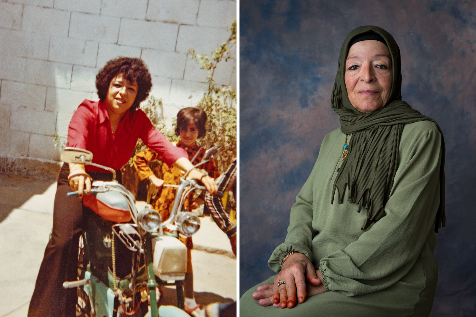 Şanlıurfa, 1977. İclal with her niece Güzide on her uncle’s motorcycle on a summer holiday (left),
Portrait of Iclal Sürmeli (1954) taken by Çiğdem Yüksel, 2024 (right)