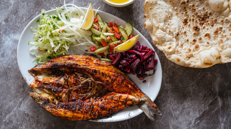 Grilled sea bass at Bekhal Restaurant in Greenford, London, United Kingdom