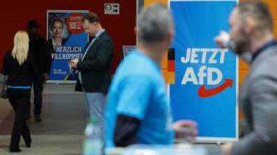 Supporters of Alice Weidel, co-leader of Germany's far-right Alternative for Germany (AfD) party, wait for her to address an election campaign rally on January 25, 2025 in Halle, eastern Germany. (Photo by AFP) (Photo by -/AFP via Getty Images)