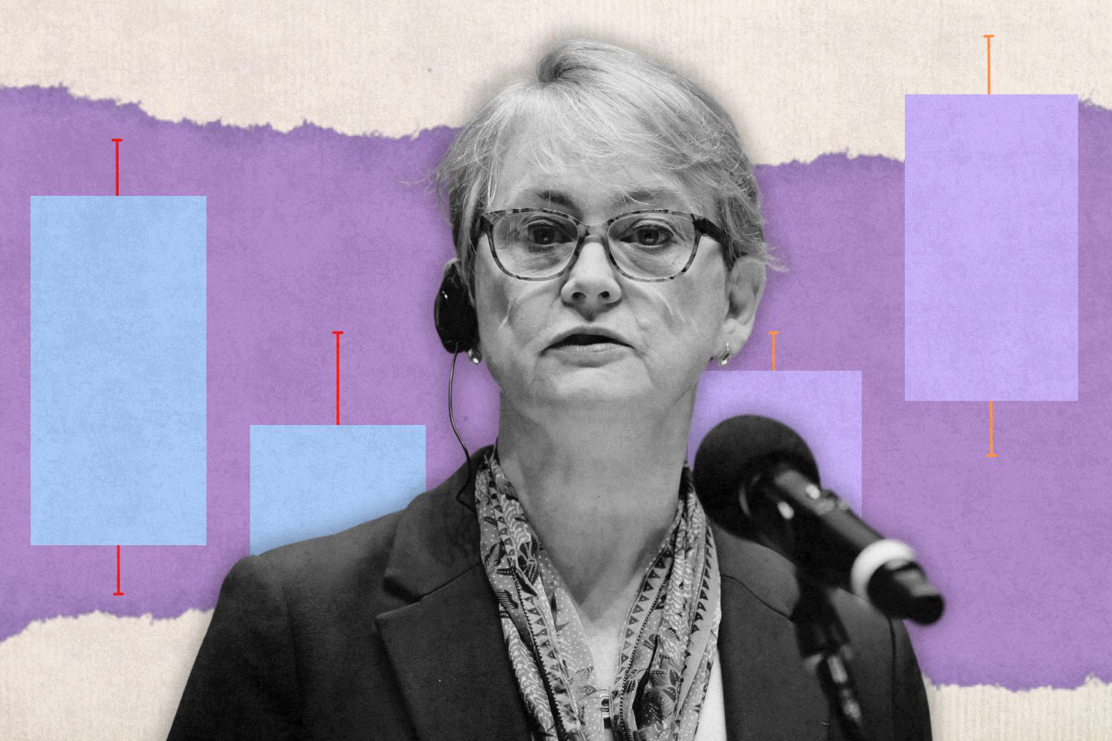 Yvette Cooper in greyscale, wearing glasses, against a purple background showing abstract bars as though in a chart