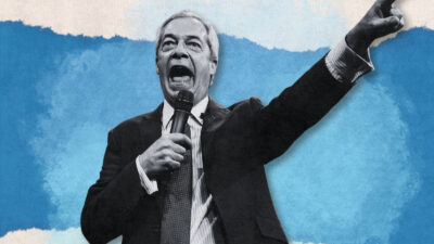 Reform UK leader Nigel Farage with mouth open and arm outstretched