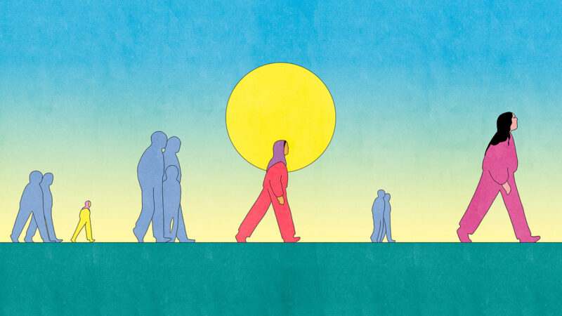 Illustration of Muslim Women walking in peace against an outline of the sun