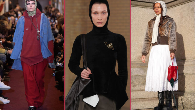 (LEFT) Vetements show, Runway, Fall Winter 2018, Paris Fashion Week Men's, France - 19 Jan 2018 Model on the catwalk (MIDDLE) NEW YORK, NEW YORK - FEBRUARY 11: Bella Hadid walks the runway for Proenza Schouler during New York Fashion Week: The Shows on February 11, 2022 in New York City. (RIGHT) COPENHAGEN, DENMARK - FEBRUARY 01: A guest wears a white wool scarf over the head, a brown fluffy faux fur coat, a white midi floral embroidery gathered / pleated skirt , black leather boots , a red leather bag shaped as a flower / rose, outside Marimekko, during the Copenhagen Fashion Week AW24 on February 01, 2024 in Copenhagen, Denmark.