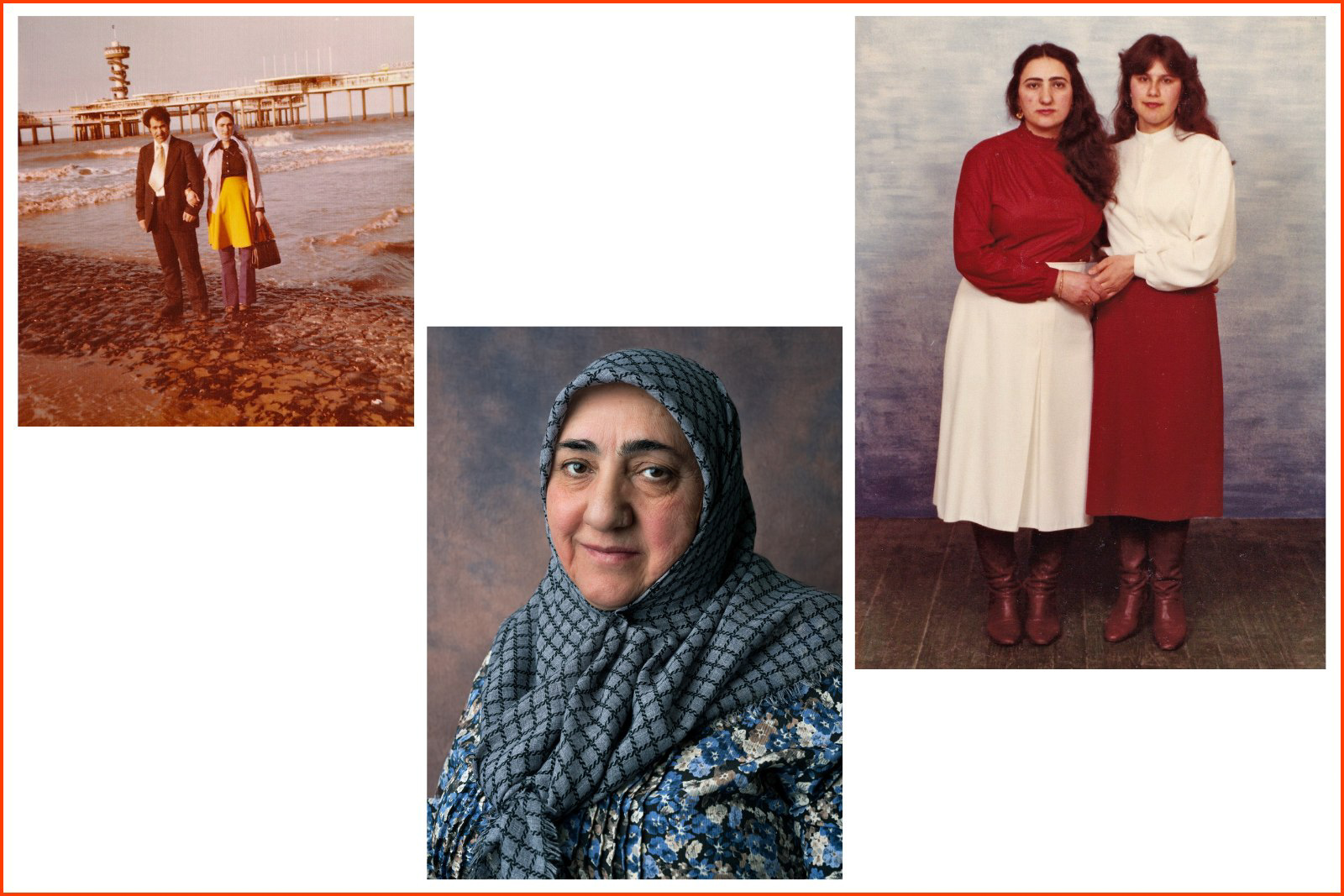 The Hague, 1973. Necibe Akbulut with her husband Mecit Bulaz on the beach of Scheveningen (left) Portrait of Necibe Akbulut (1953) taken by Çiğdem Yüksel, 2022 (centre) The Hague, 1983, Necibe and her close friend in a photostudio (right)