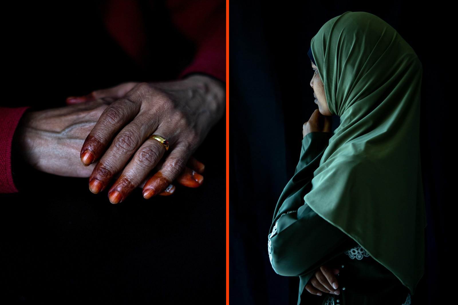 Fatma’s Hands (left), Portrait of Julia (right), from the While We Wait exhibition of images by Rayna Carruthers. 