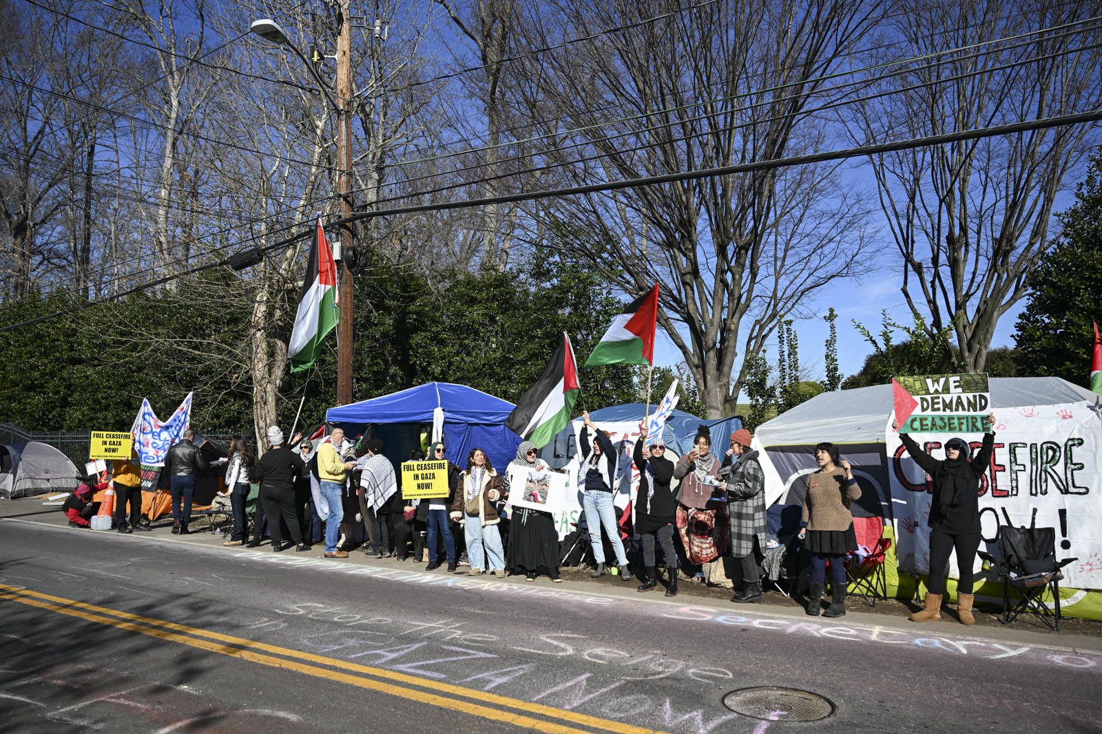 Pro-Palestinian protest continue on 7th day to demand a ceasefire in Gaza as they set up camp across from US secretary of state Antony Blinken's home in the state of Virginia, on 1 February 2024.