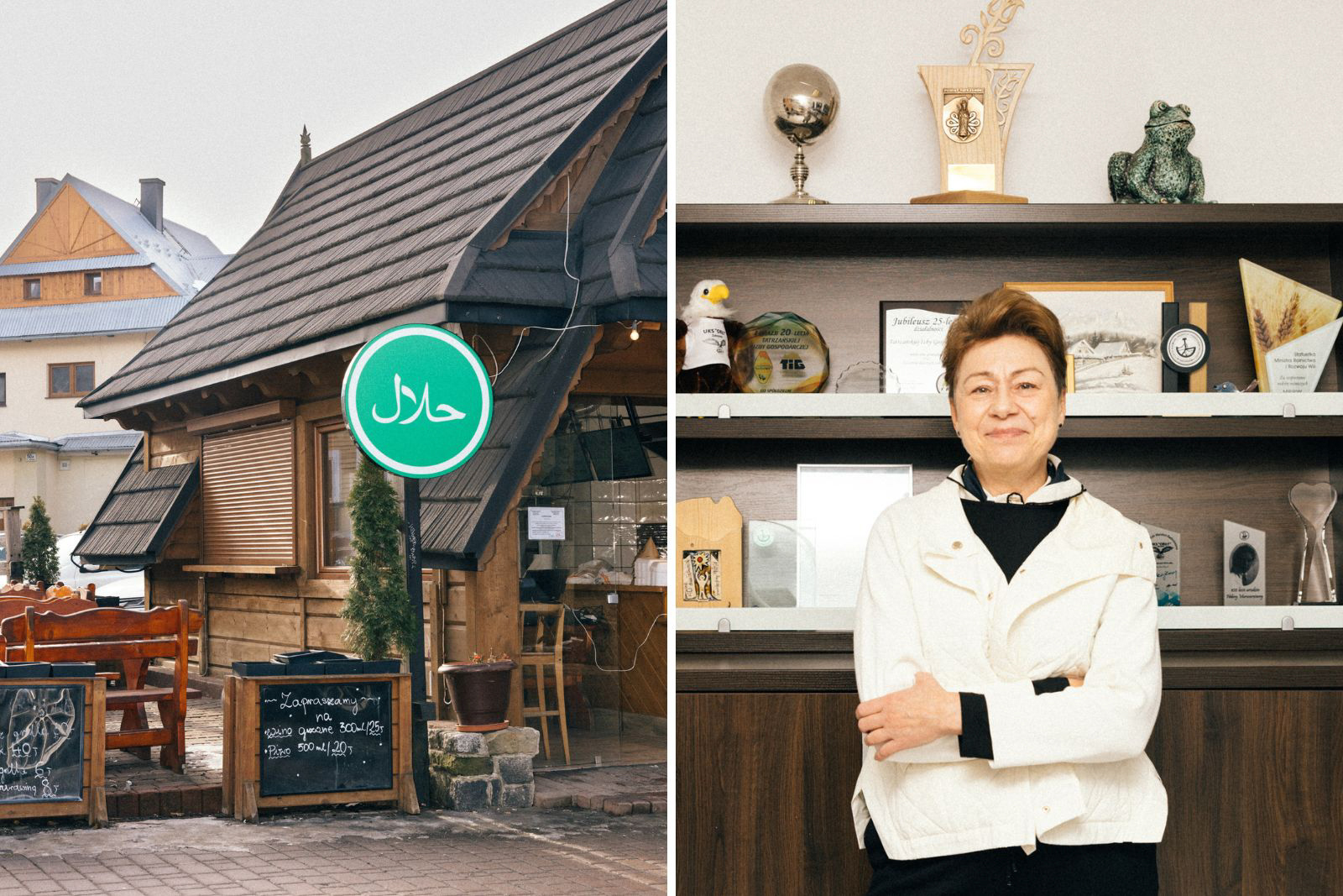 A halal kebab shop (left) on Krupówki in Zakopane, Poland, Jan. 9, 2025. Agata Wojtowicz (right), president of the board of the Tatrzańska Izba Gospodarcza, inside her office in Zakopane, Poland, on January 9, 2025.