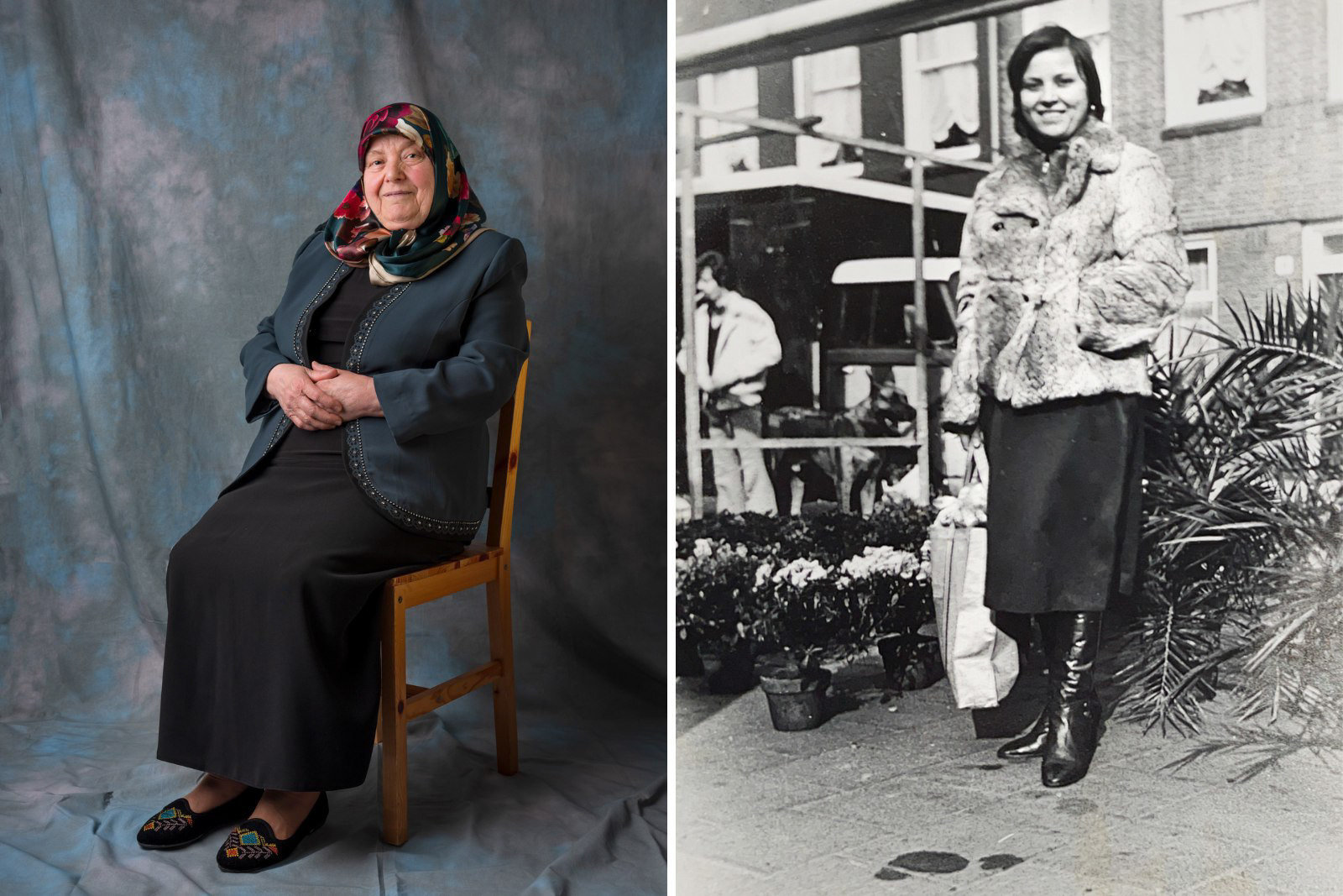 Portrait of Selvet Şükür (1951) taken by Çiğdem Yüksel, 2022. Amsterdam, around 1982. Selvet on the Vespucci market in De Baarsjes.