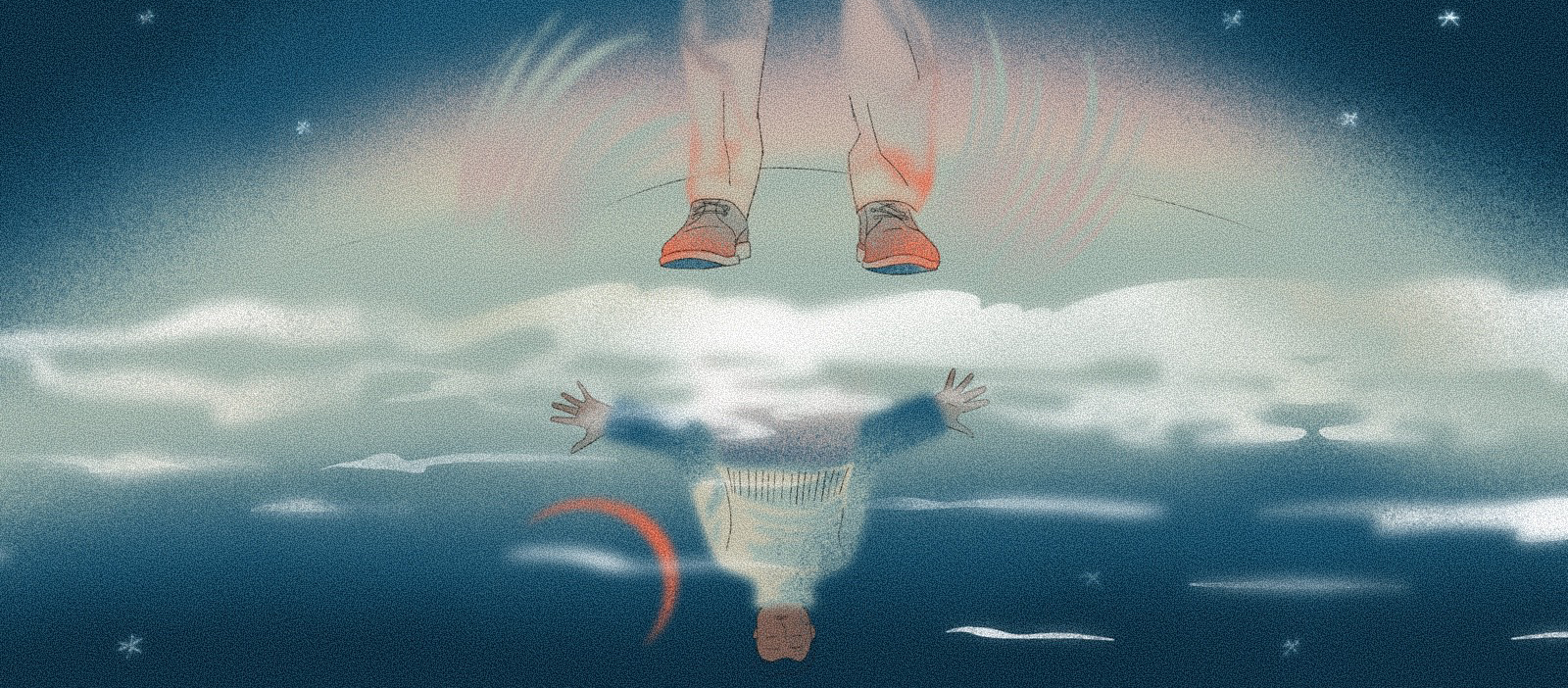 Ilustration of feet floating above clouds 