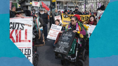Supporters of Disabled People Against Cuts (DPAC) and Winvisible protest against deaths caused by benefit cuts by blocking Victoria Street near the Department For Work and Pensions on March 4, 2024 in London, England.