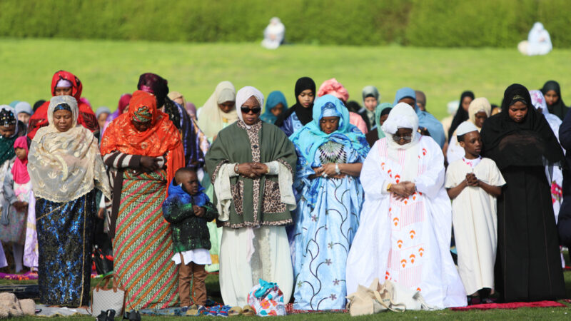 Muslim worshippers in Burgess Park, London, during the Eid al-Fitr morning prayer, on Sunday, 30 March.