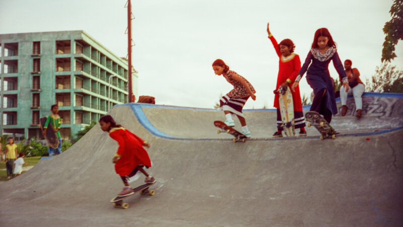 Photographs of women and girls skateboarding, taken in the Maldives over six weeks of summer 2024 by Sophia Nasif.
