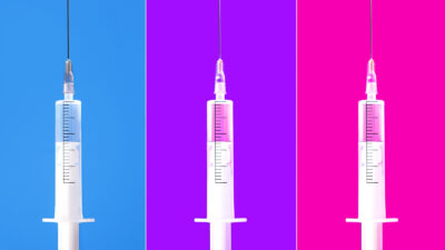 Collage made of syringes and needle of vaccine liquid on a colourful background.