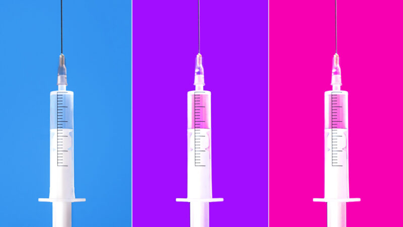 Collage made of syringes and needle of vaccine liquid on a colourful background.