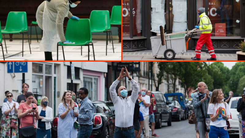 Collage of scenes from the Covid era. A cleaner wipes down chairs. People on the street clapping for carers.