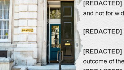 The Cabinet Office entrance (left) in Westminster, London, and FOI document obtained by Hyphen (right).