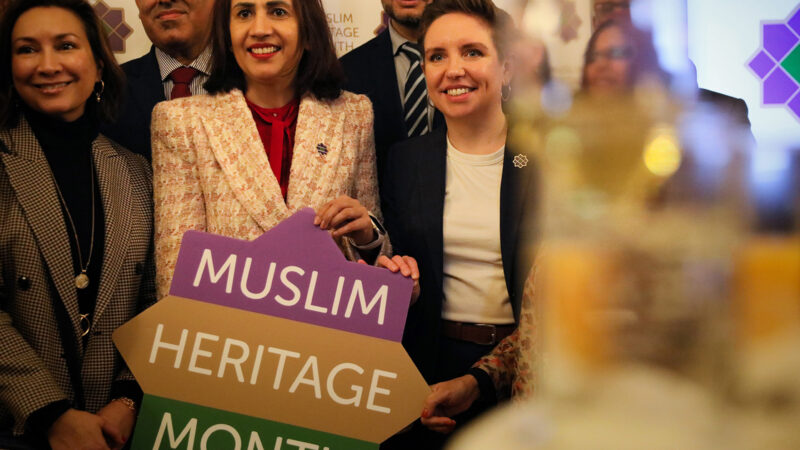 Baroness Shaista Gohir (left) and Green party co-leader Carla Denyer pose for a group photo during the launch of Muslim Heritage Month at the House of Lords on March 11, 2025 in London, England.