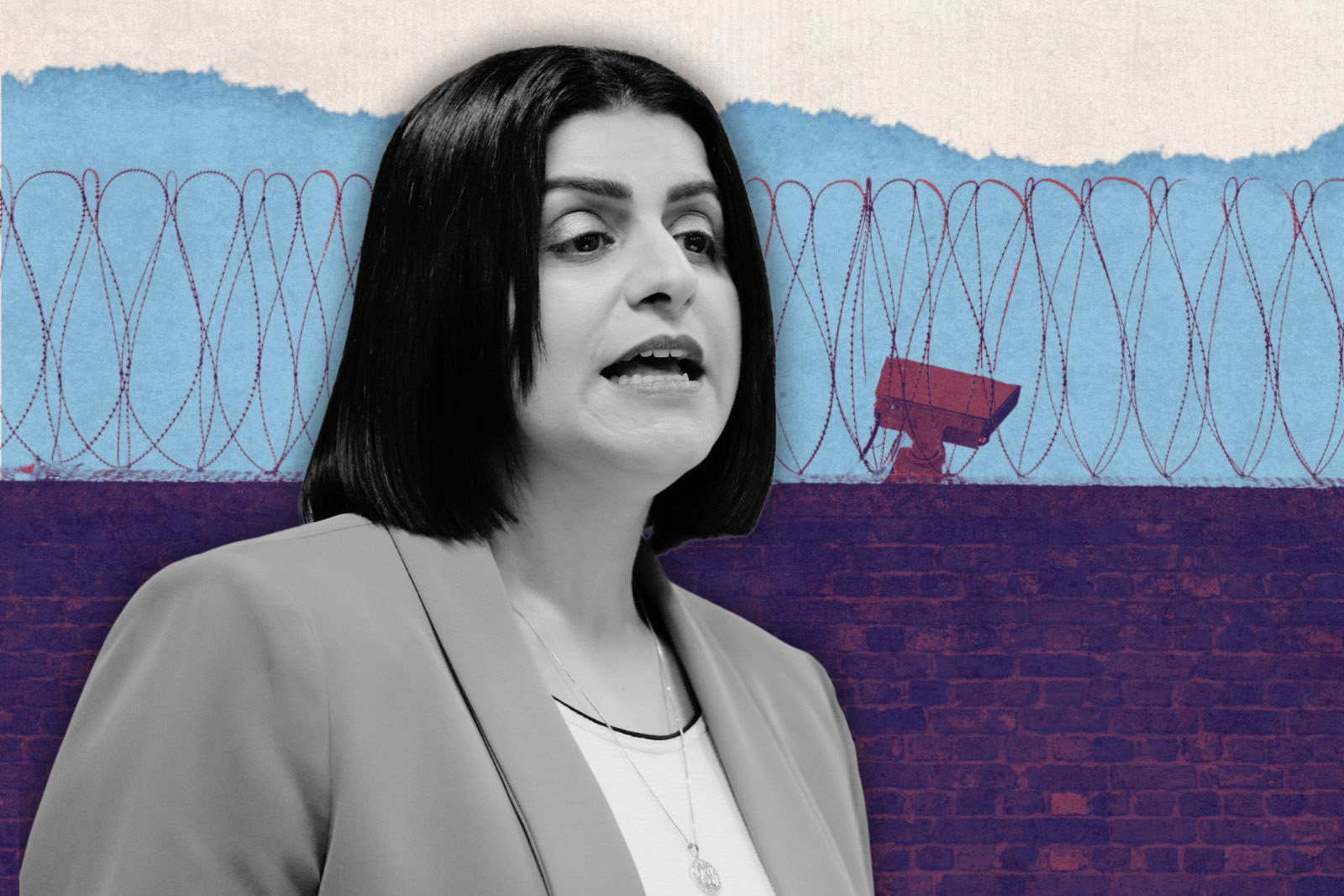 Shabana Mahmood in greyscale against a graphic of barbed wire above a prison wall