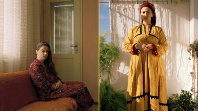 Vera Hadzhiyska sitting on her grandparents' couch (left) and wearing her grandmother's dress.