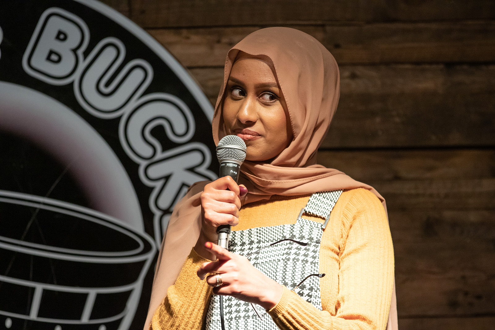 MANCHESTER, ENGLAND - JULY 29: Ola Labib performs at the Women In Comedy Festival Fundraiser, a UK government pilot testing comedy show, at the Frog and Bucket Comedy Club on July 29, 2020 in Manchester, England.