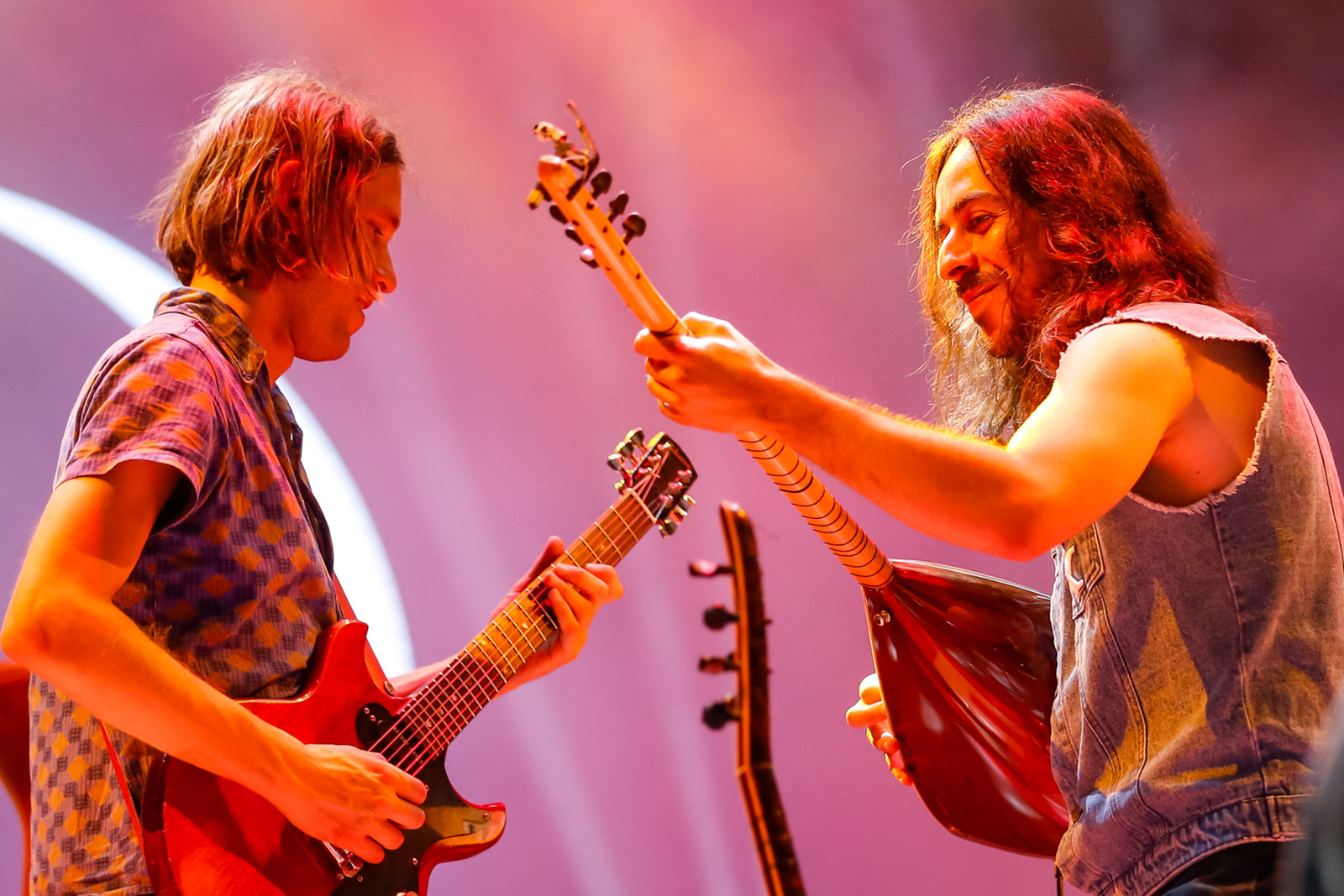 Thijs Elzinga (L) and Erdinç Ecevit Yildiz (R) of Altın Gün perform at Main Stage during the Exit Festival 2024 Day Five at Petrovaradin Fortress on July 14, 2024 in Novi Sad, Serbia.