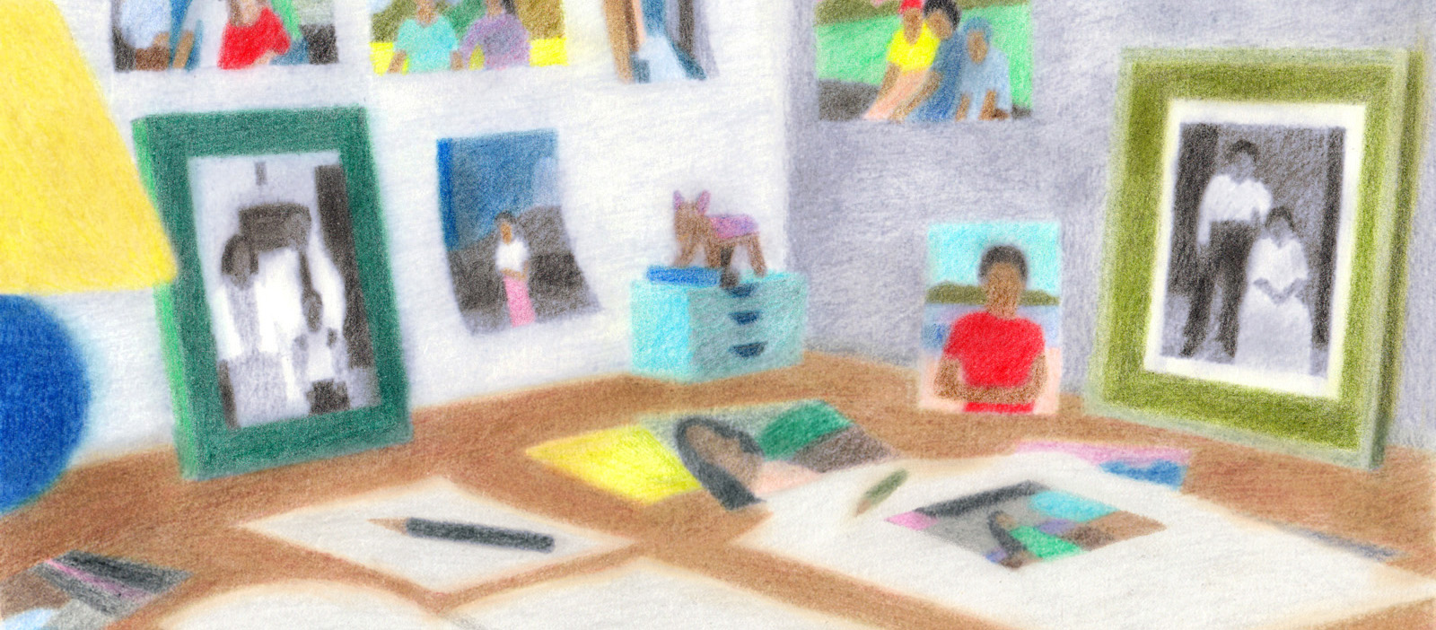 Illustration of a child's desk with photos and notebooks