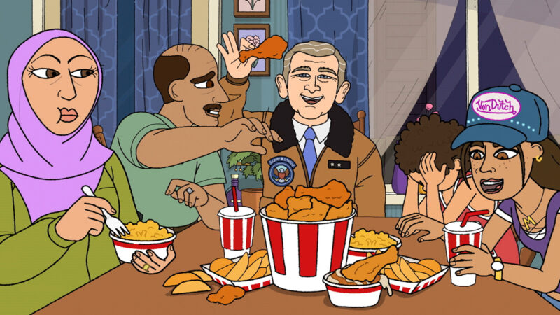 Five cartoon figures, a woman in hijab and a man plus two children, flank a cartoon version of George W Bush while the group of five eat a takeaway KFC meal. The adults are in conversation, with the man and George W Bush animatedly talking, while one of the children has his head in his hands.