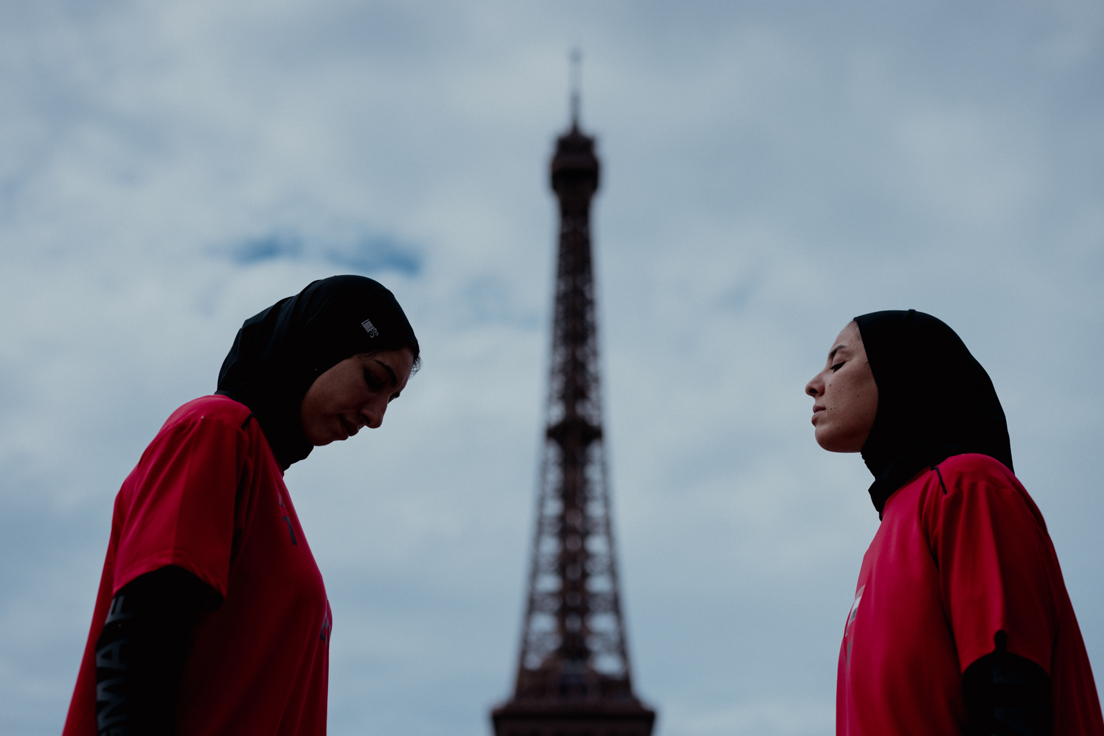 Egyptian volleyball players Doaa Elghobashy and Marwa Abdelhady of Team Egypt pose for a portrait ahead of 2024 Olympic Games at the Eiffel Tower Stadium on July 25, 2024 in Paris.