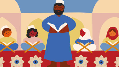 Illustration of a cleric and children in a madrassah