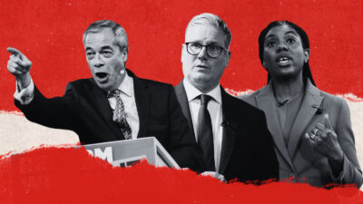 A composite image of Nigel Farage, pointing emphatically, Keir Starmer and Kemi Badenoch, both looking pensive. They are in black and white, against a red background.